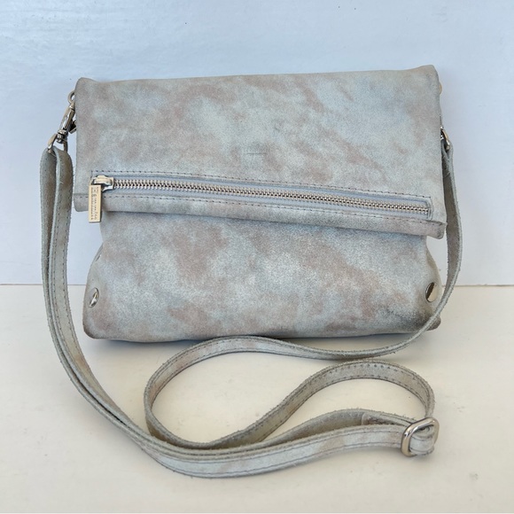 HAMMITT VIP Gray w Pewter Silver Suede Distressed Flap Strap Medium Crossbody - Picture 2 of 16